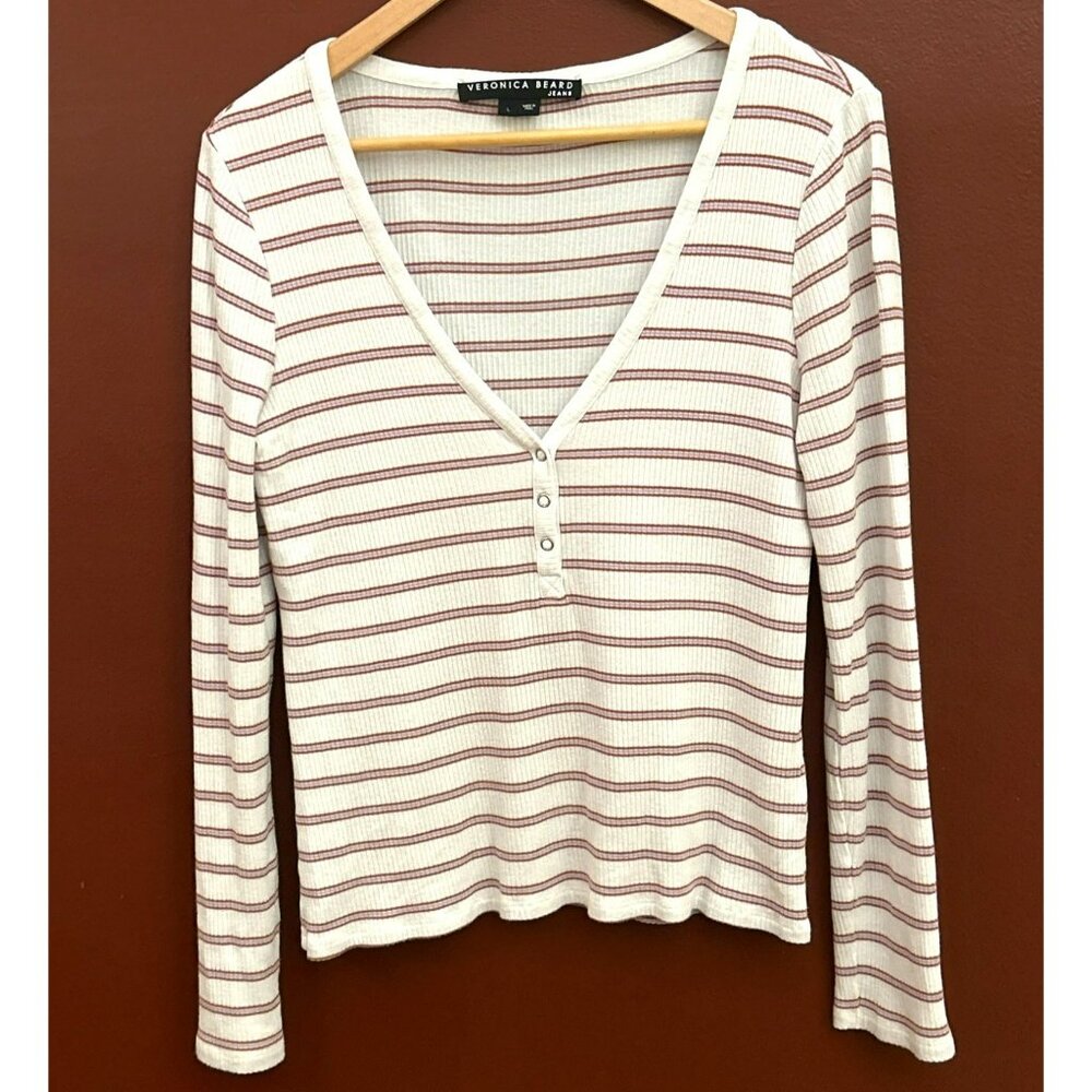 Veronica Beard Jeans Women's White Red Tal Stripe Henley Top Size Large Casual